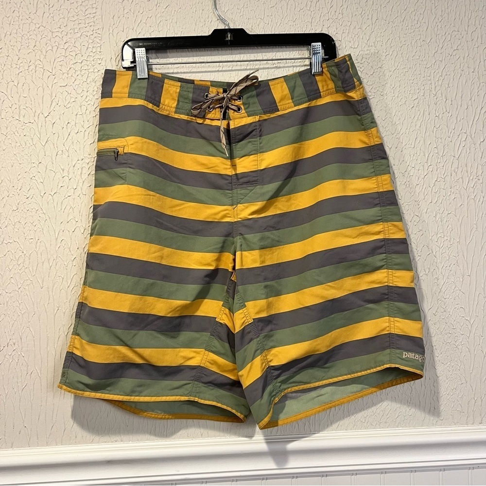 Patagonia Men's Swim Shorts - Gray, Olive and Mustard Stripes size 34 medium